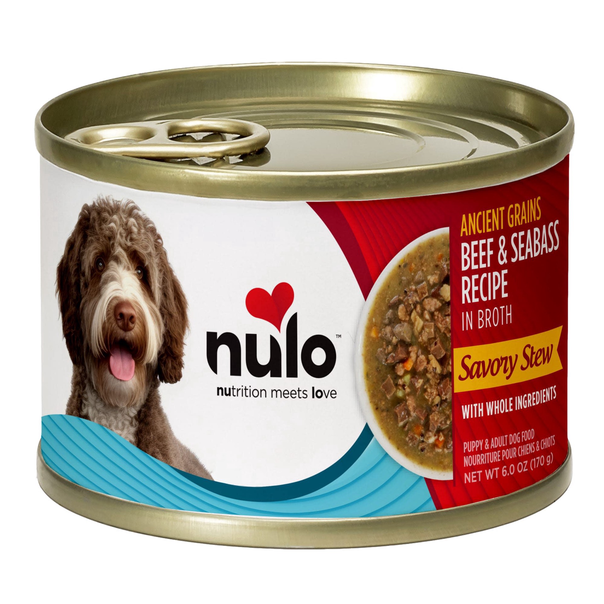 slide 1 of 1, Nulo Ancient Grain Savory Stew, Beef & Seabass Puppy & Adult Dog Food, 6 oz