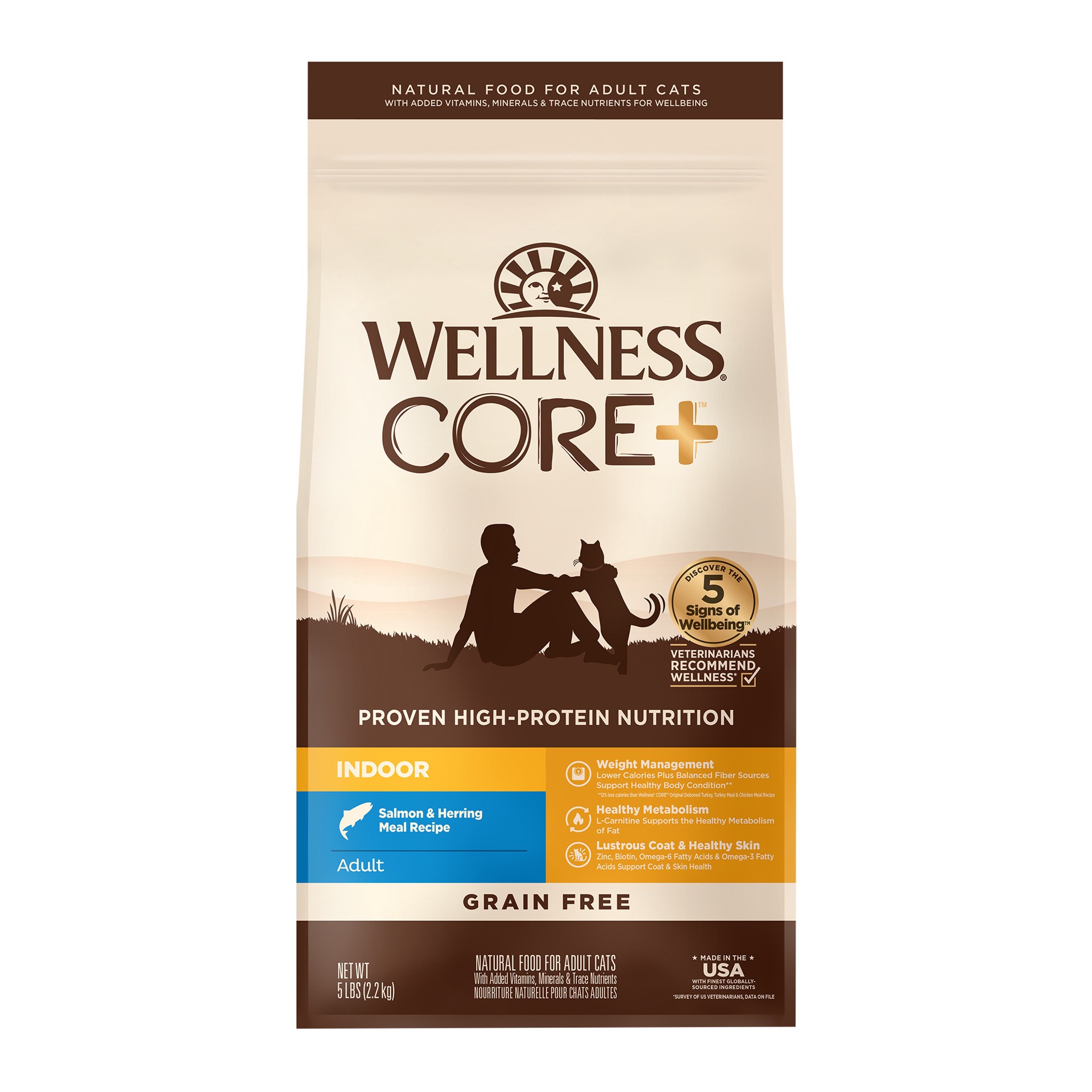 slide 1 of 5, Wellness CORE+ Grain-Free Indoor Salmon & Herring Meal Recipe Dry Cat Food, 5 Pound Bag, 1 ct