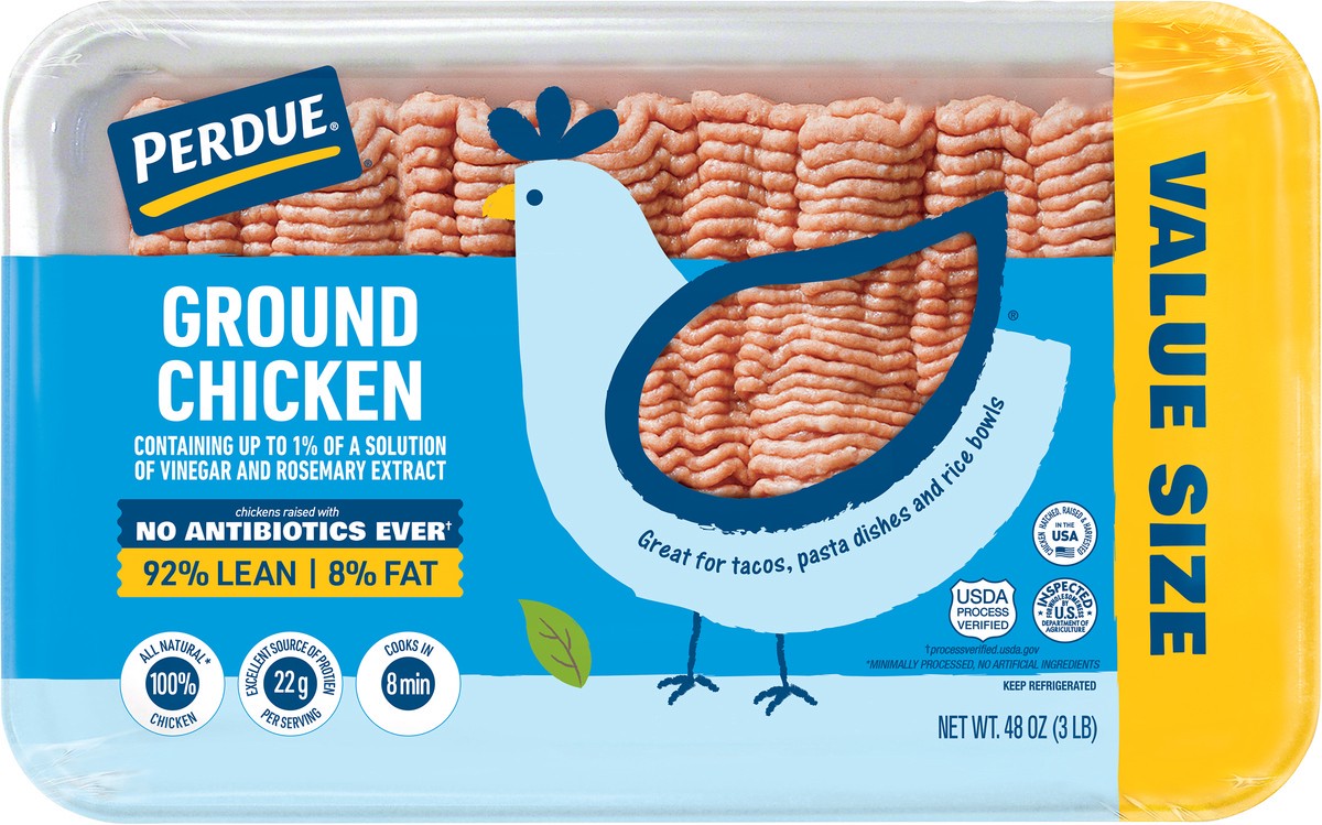 slide 3 of 3, PERDUE No Antibiotics Ever Fresh Ground Chicken, 92% Lean 8% Fat, 3 lbs. Tray, 48 oz