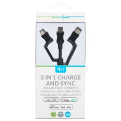 Techcellent 4 ft 3-in-1 Charge and Sync Lightning, Micro, and Type-C Cable - Black