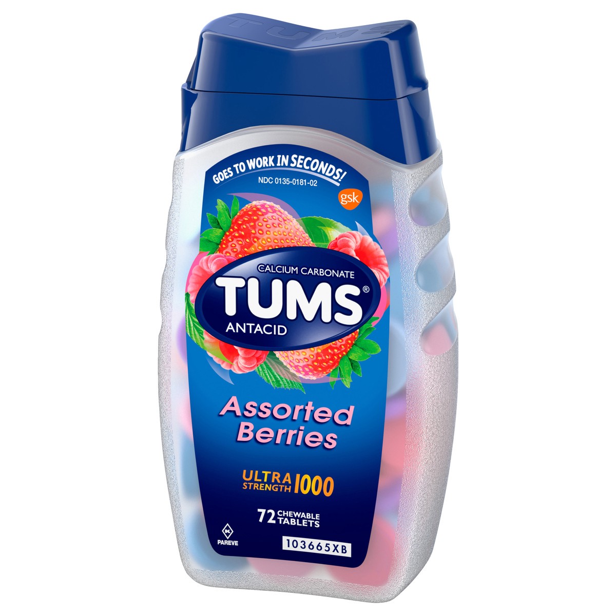 slide 3 of 7, TUMS Ultra Strength Chewable Antacid Tablets for Heartburn Relief, Assorted Berries - 72 Count, 72 ct