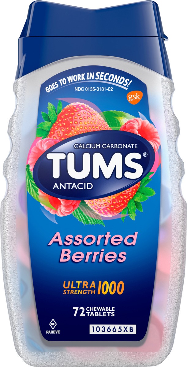 slide 5 of 7, TUMS Ultra Strength Chewable Antacid Tablets for Heartburn Relief, Assorted Berries - 72 Count, 72 ct