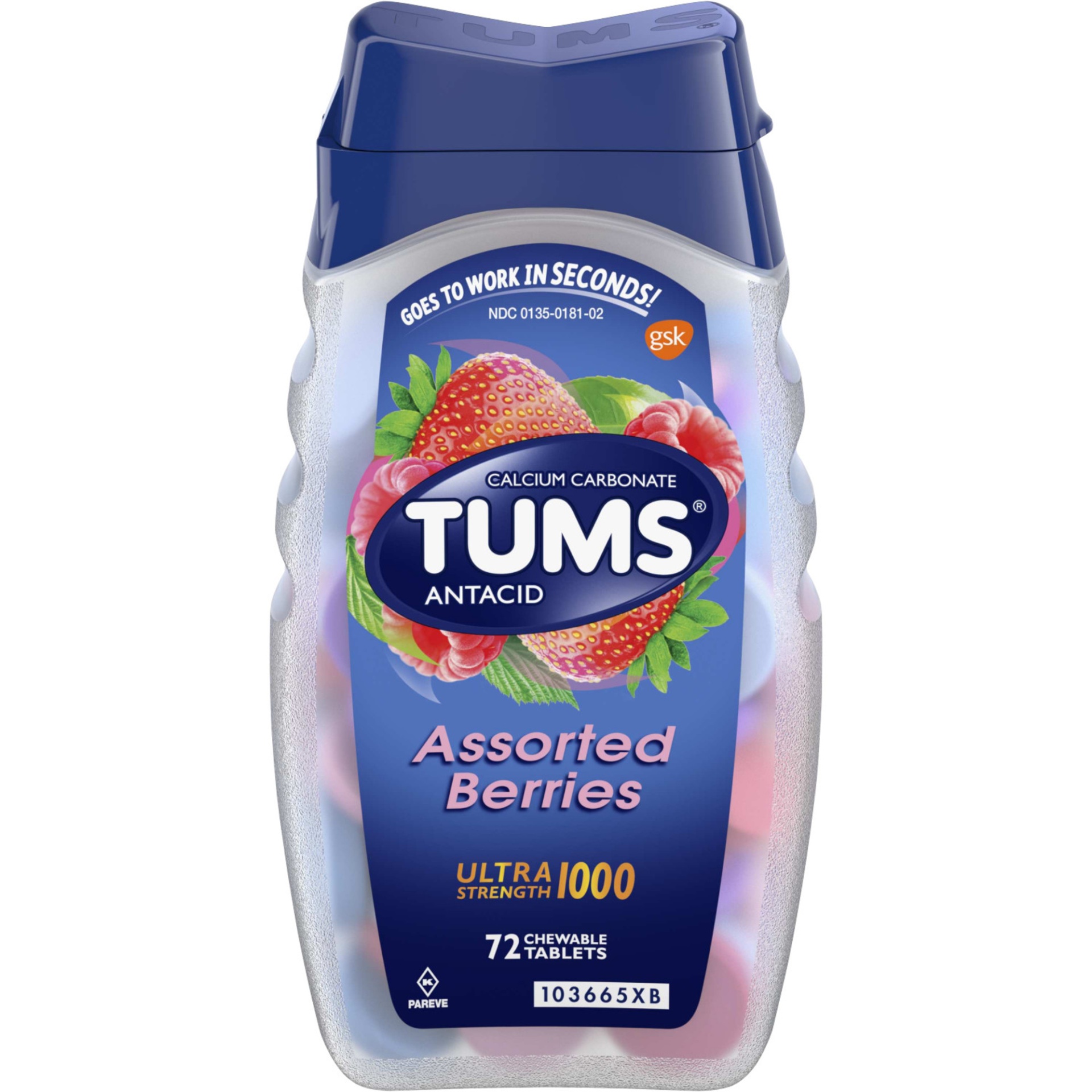 slide 1 of 1, Tums Assorted Berries Ultra Strength Antacid Tablets, 72 ct