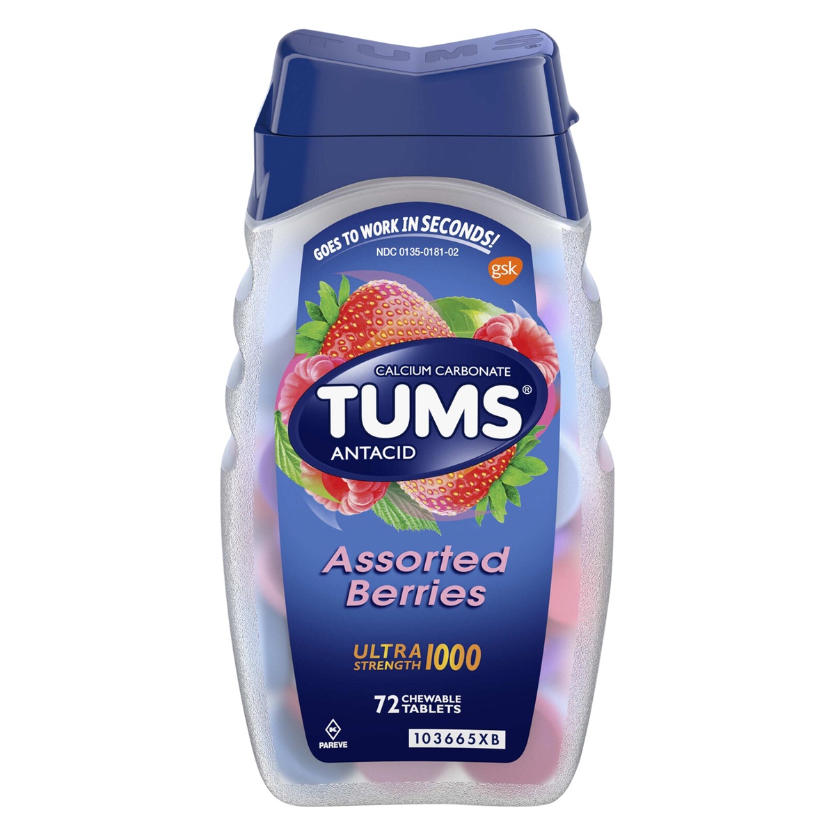 slide 1 of 1, TUMS Ultra Strength Chewable Antacid Tablets for Heartburn Relief, Assorted Berries - 72 Count, 72 ct