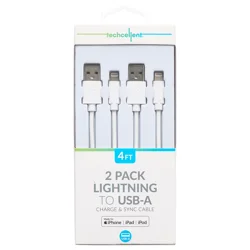 Techcellent 2-Pack Lightning to USB-A Charge & Sync PVC Cable, 4ft White