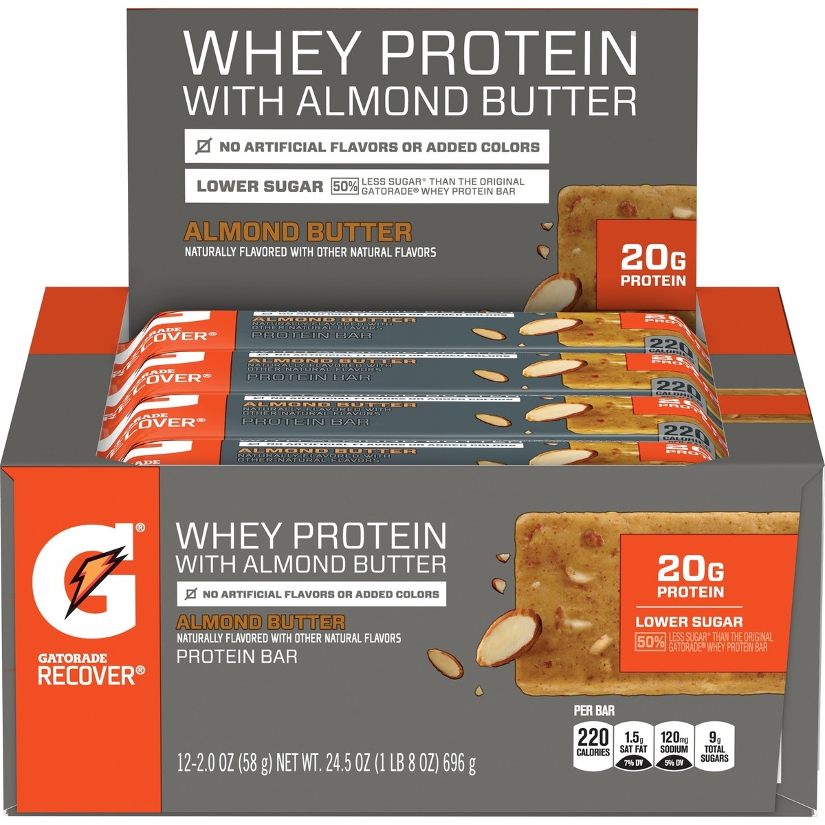 slide 1 of 5, Gatorade Recover Whey Protein with Almond Butter Protein Bars, 12 ct; 2 oz