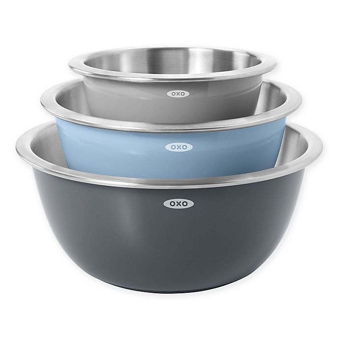 slide 1 of 8, OXO Stainless Steel Mixing Bowl Set - Grey/Blue, 3 ct