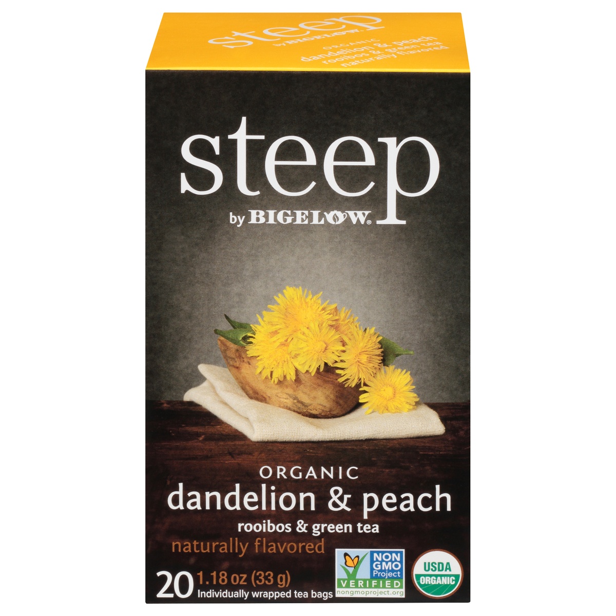 slide 1 of 9, Bigelow Rooibos & Green Tea, Dandelion & Peach, Organic, Tea Bags, 20 ct