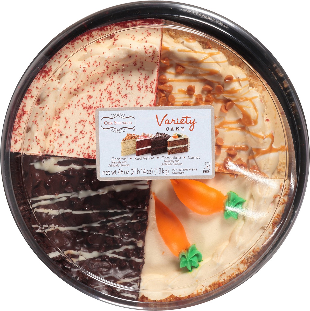 slide 10 of 12, Our Specialty Caramel, Red Velvet, Chocolate & Carrot Variety Cake 46 oz. Clamshell, 46 oz