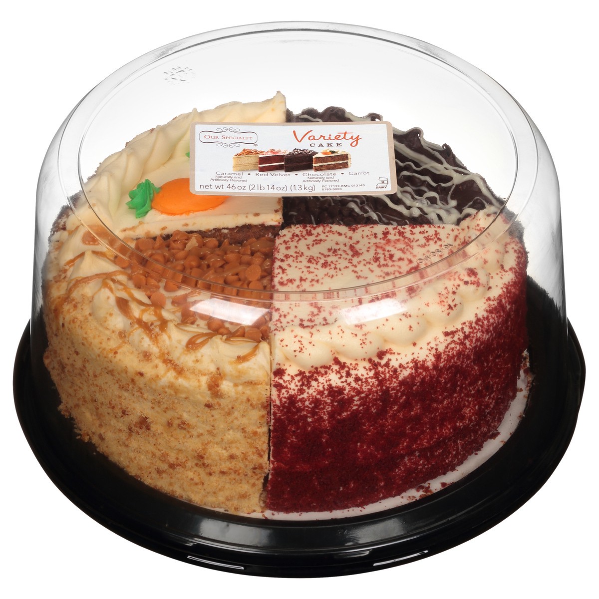 slide 8 of 12, Our Specialty Caramel, Red Velvet, Chocolate & Carrot Variety Cake 46 oz. Clamshell, 46 oz