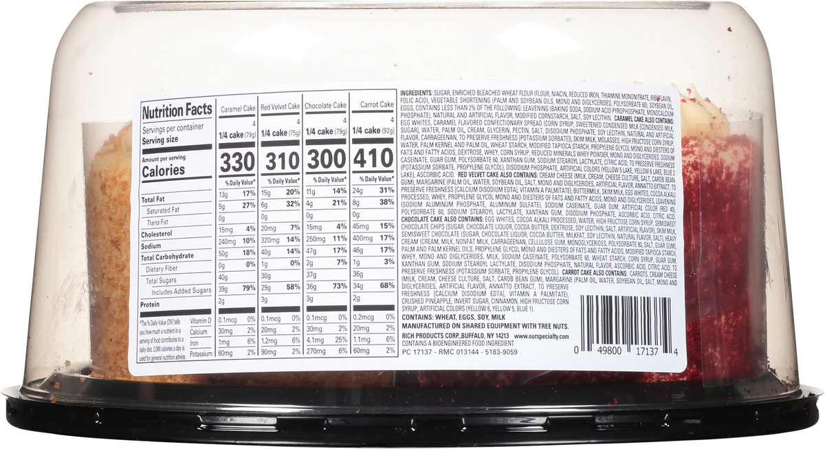 slide 12 of 12, Our Specialty Caramel, Red Velvet, Chocolate & Carrot Variety Cake 46 oz. Clamshell, 46 oz