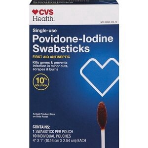 slide 1 of 1, CVS Health Single-Use Povidone-Iodine Swabsticks First Aid Antiseptic, 10 Pouches, 1 ct