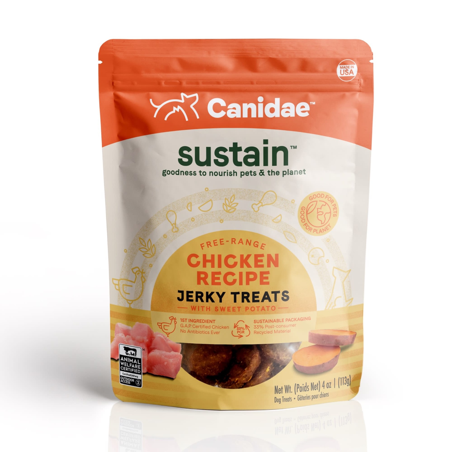 slide 1 of 1, CANIDAE Sustain Chicken & Sweet Potato Jerky Dog Treats, 4 oz