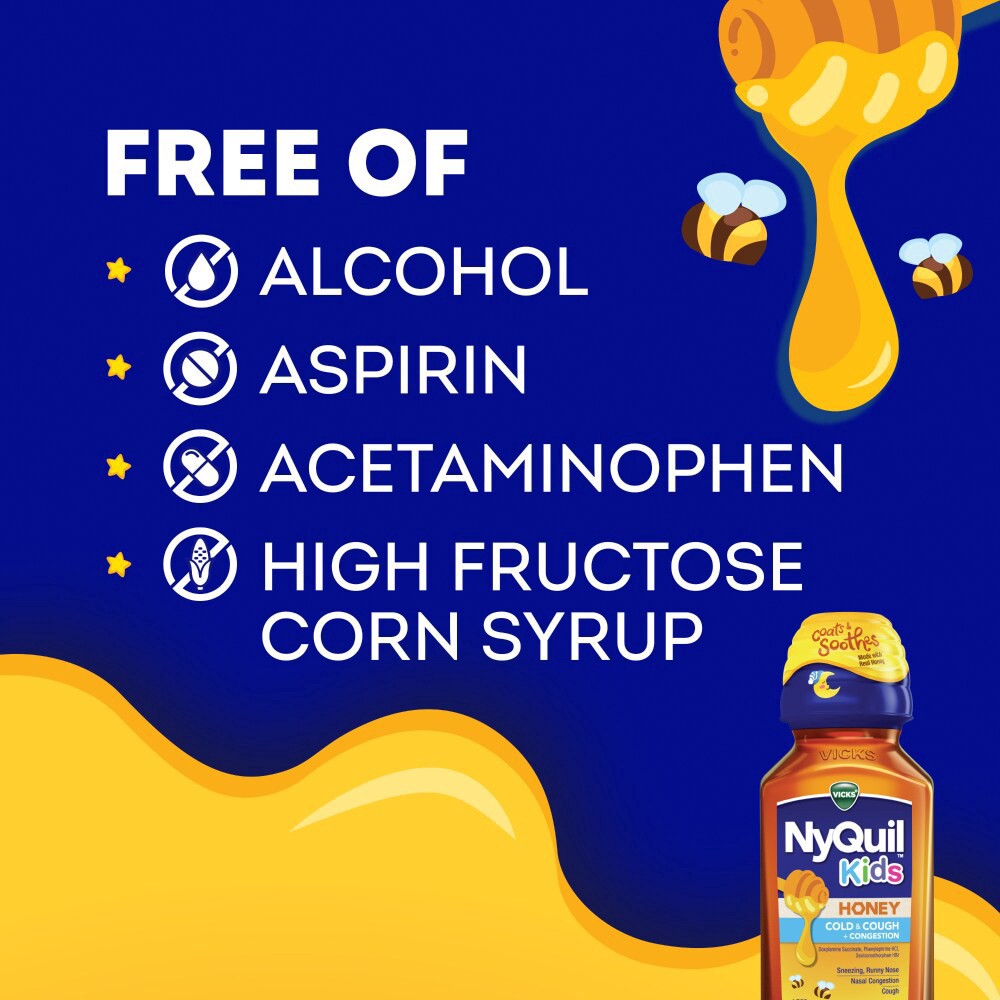 slide 2 of 6, Vicks Kids NyQuil Honey Cold & Cough + Congestion Relief for Nighttime Sneezing, Runny Nose, Nasal Congestion & Cough, Flavored with Real Honey, For Children Ages 6+, 8 FL OZ, 8 fl oz