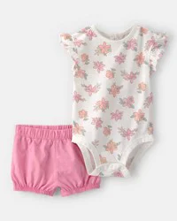 Baby Girl 2-Piece Floral Short-Sleeve Bodysuit & Short Set - Pink/White - 18M