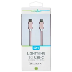 Techcellent Lightning to USB-C Charge & Sync Braided Cable, 10 ft Pink