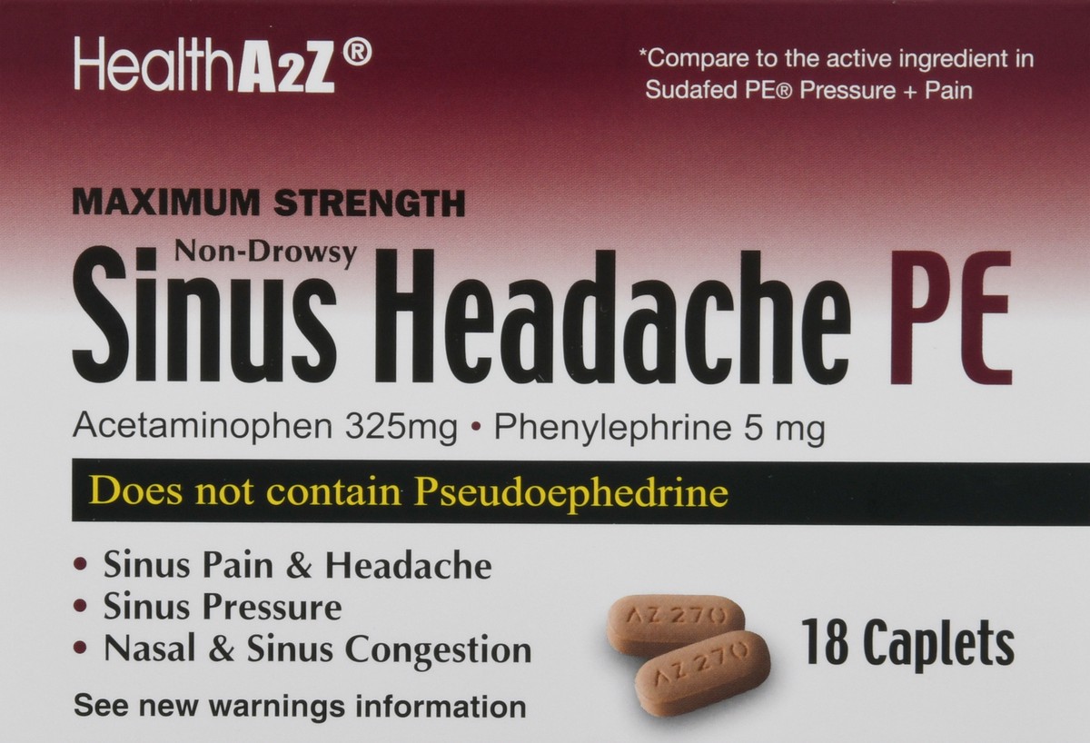 slide 3 of 12, HealthA2Z Non-Drowsy Maximum Strength Sinus Headache PE Caplets 18 ea, 18 ct