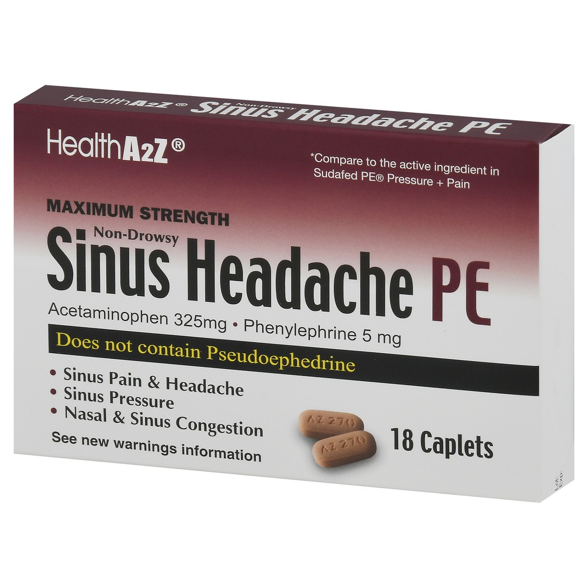 slide 4 of 12, HealthA2Z Non-Drowsy Maximum Strength Sinus Headache PE Caplets 18 ea, 18 ct