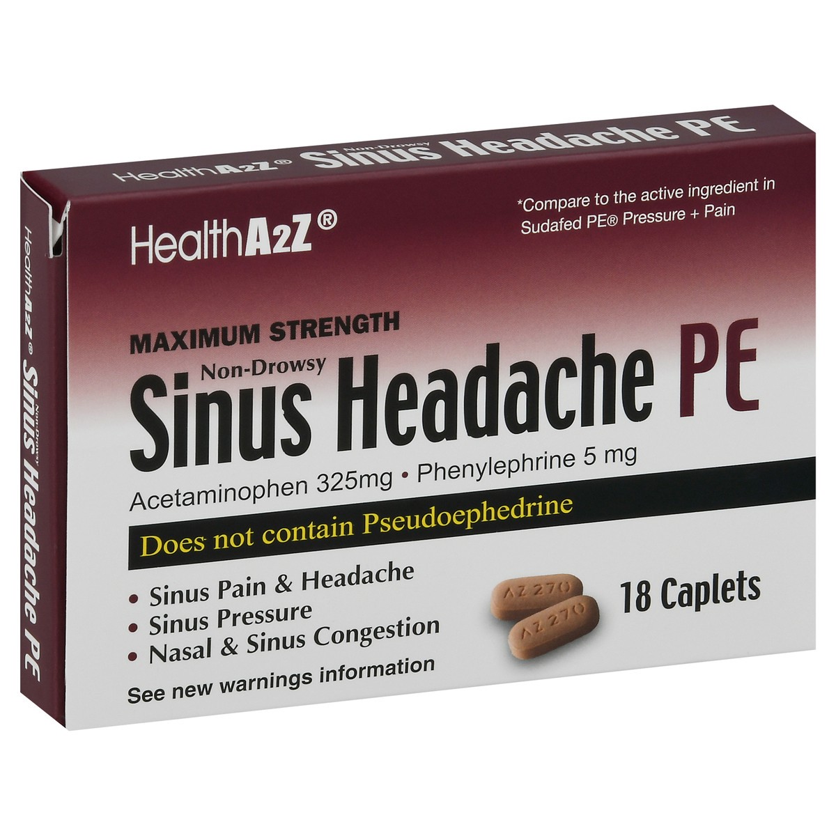 slide 2 of 12, HealthA2Z Non-Drowsy Maximum Strength Sinus Headache PE Caplets 18 ea, 18 ct