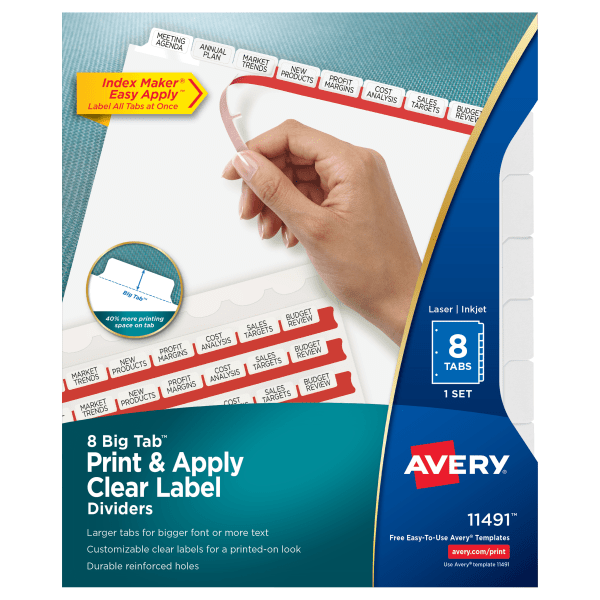 slide 1 of 9, AveryIndex Maker Big Tab Clear Label Dividers, 8-Tab Set, 1 ct