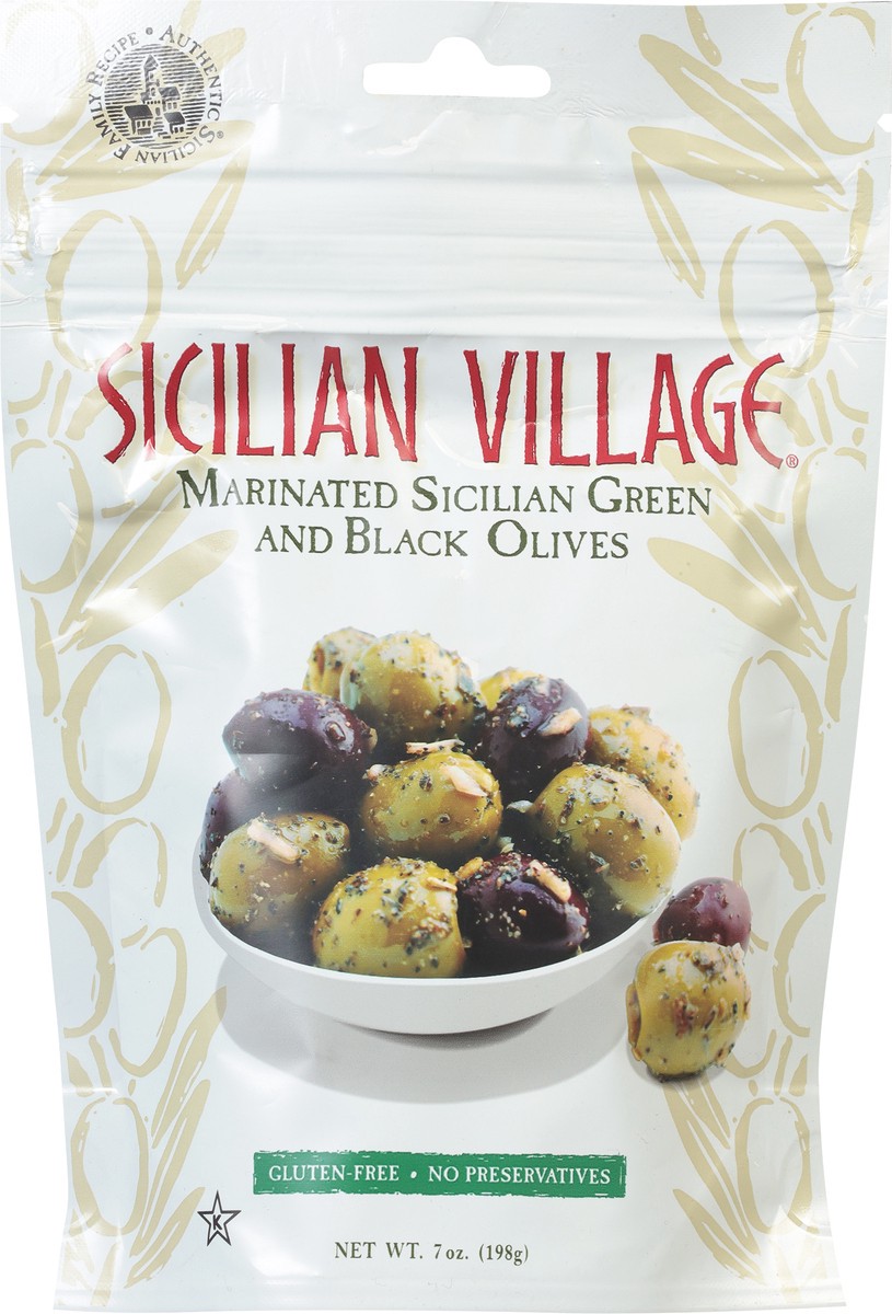 slide 11 of 14, Sicilian Village Sicilian Green and Black Marinated Olives 7 oz, 7 oz