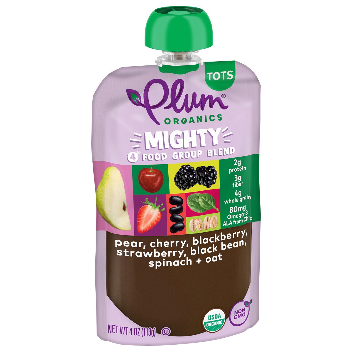 slide 7 of 9, Plum Organics Mighty 4 Food Group Blend Pear, Black Bean, Cherry, Blackberry, Strawberry, Oat + Spinach 4oz Pouch, 4 oz