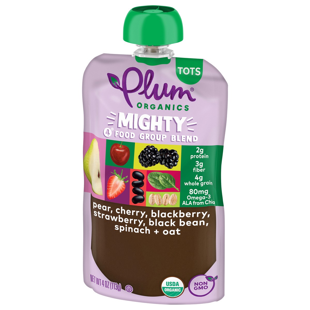 slide 5 of 9, Plum Organics Mighty 4 Food Group Blend Pear, Black Bean, Cherry, Blackberry, Strawberry, Oat + Spinach 4oz Pouch, 4 oz