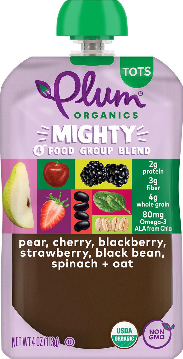 slide 6 of 9, Plum Organics Mighty 4 Food Group Blend Pear, Black Bean, Cherry, Blackberry, Strawberry, Oat + Spinach 4oz Pouch, 4 oz