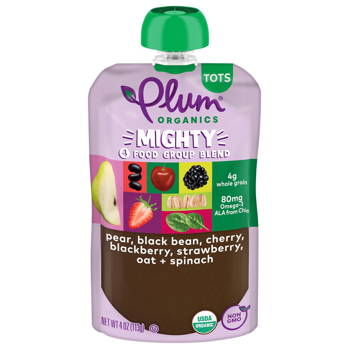 slide 1 of 9, Plum Organics Mighty 4 Food Group Blend Pear, Black Bean, Cherry, Blackberry, Strawberry, Oat + Spinach 4oz Pouch, 4 oz