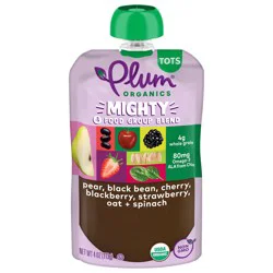 Plum Organics Mighty 4 Food Group Blend Pear, Black Bean, Cherry, Blackberry, Strawberry, Oat + Spinach 4oz Pouch