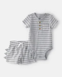 Baby Boy 2-Piece Dino Spikes Waffle-Knit Short-Sleeve Bodysuit & Short Set - Grey 6M