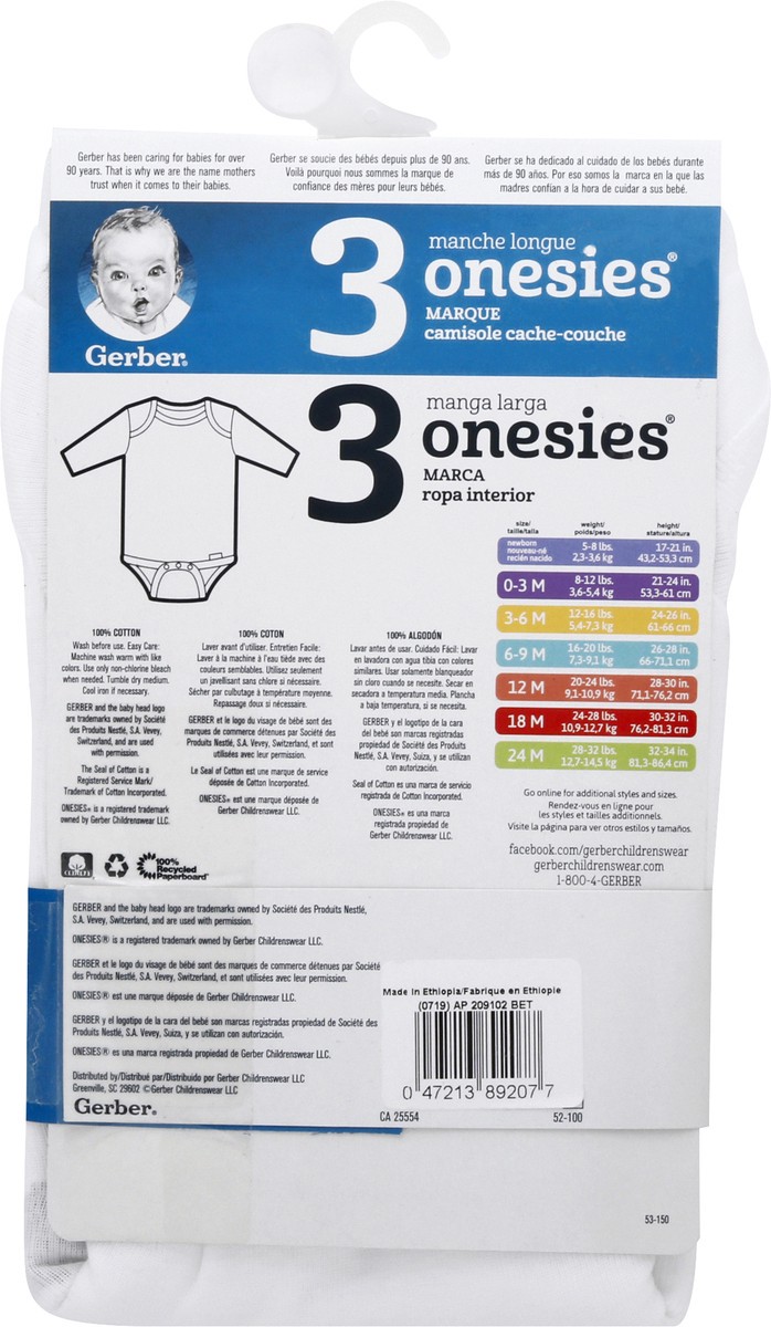 slide 8 of 10, Gerber Onesies Newborn with Long Sleeves One Piece Underwear 3 ea, 3 ct