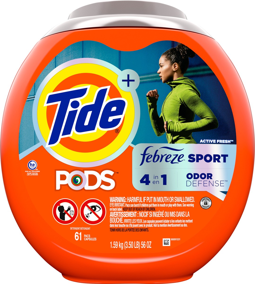 slide 4 of 4, Tide PODS Liquid Laundry Detergent Soap Pacs, 4-n-1 with Febreze, HE Compatible, 61 Count, Fights even week old Odors, Sport Odor Defense, 61 ct