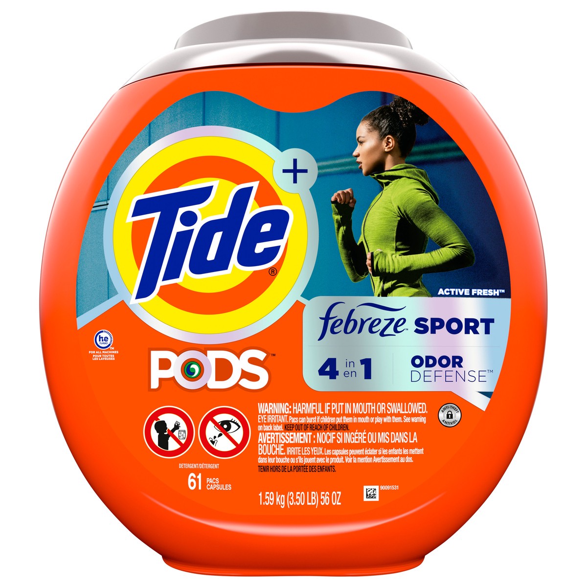 slide 1 of 4, Tide PODS Liquid Laundry Detergent Soap Pacs, 4-n-1 with Febreze, HE Compatible, 61 Count, Fights even week old Odors, Sport Odor Defense, 61 ct