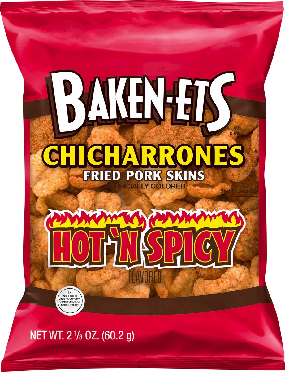 slide 4 of 9, BAKEN-ETS Chicharrones Fried Pork Skins Hot'N Spicy Flavored 2 1/8 Oz, 2.13 oz