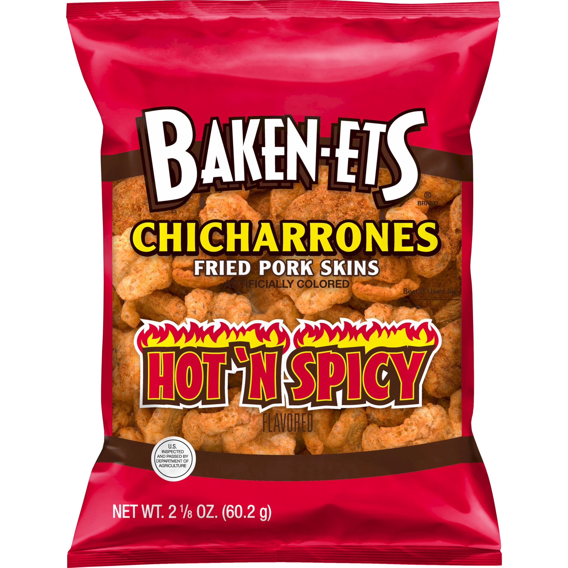 slide 1 of 9, BAKEN-ETS Chicharrones Fried Pork Skins Hot'N Spicy Flavored 2 1/8 Oz, 2.12 oz