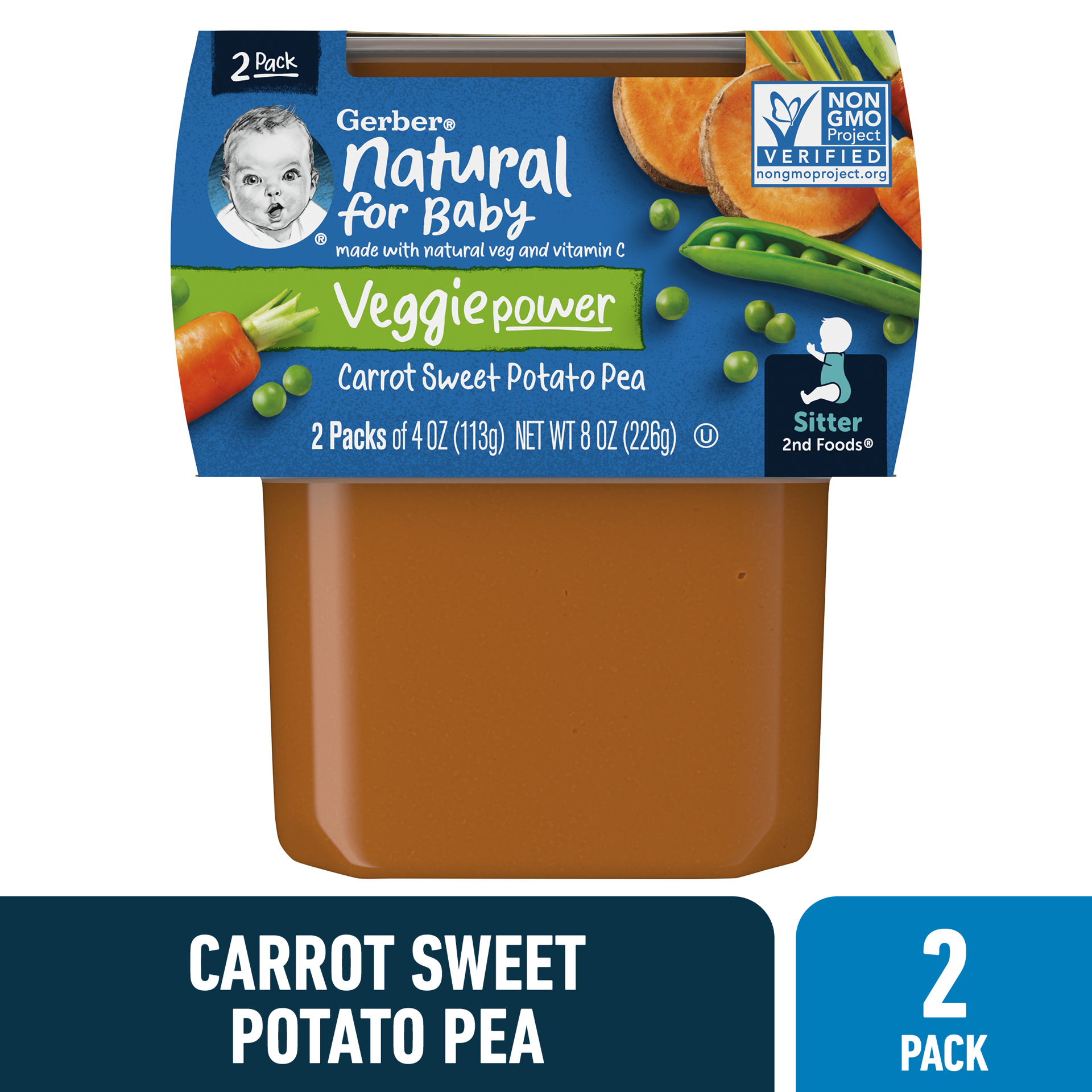 slide 1 of 9, Gerber Stage 2 Baby Food, Carrot Sweet Potato Pea Puree, 4 oz Tubs (2 Pack), 8 oz