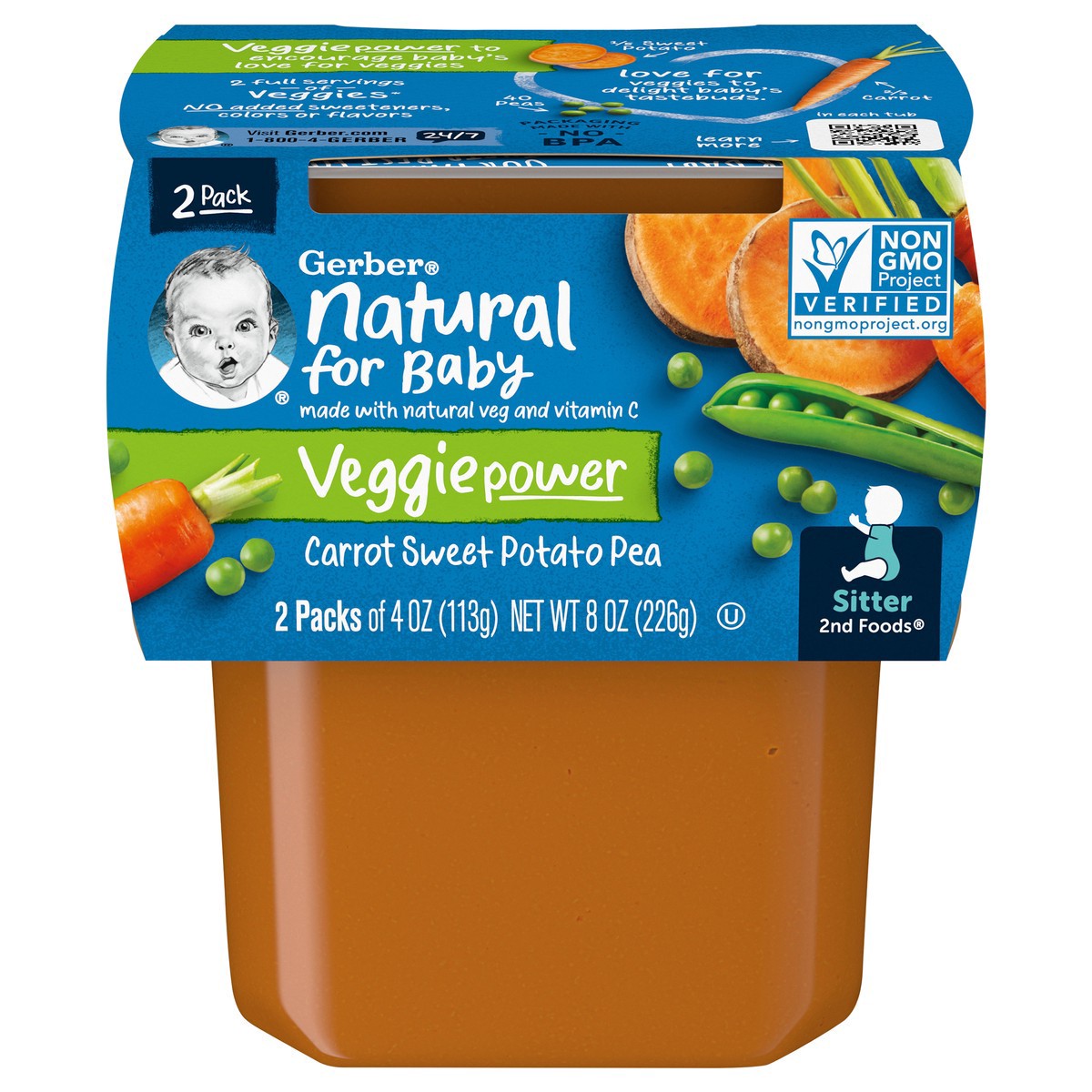 slide 1 of 9, Gerber 2nd Foods Natural for Baby Veggie Power Baby Food, Carrot Sweet Potato Pea, 4 oz Tubs (2 Pack), 2 ct; 3.5 oz