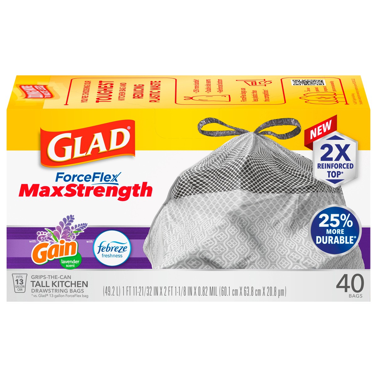 slide 1 of 11, Glad ForceFlex MaxStrength Tall Kitchen Drawstring Trash Bags, 13 Gallon, Gain Lavender with Febreze Freshness, 40 Count, 40 ct