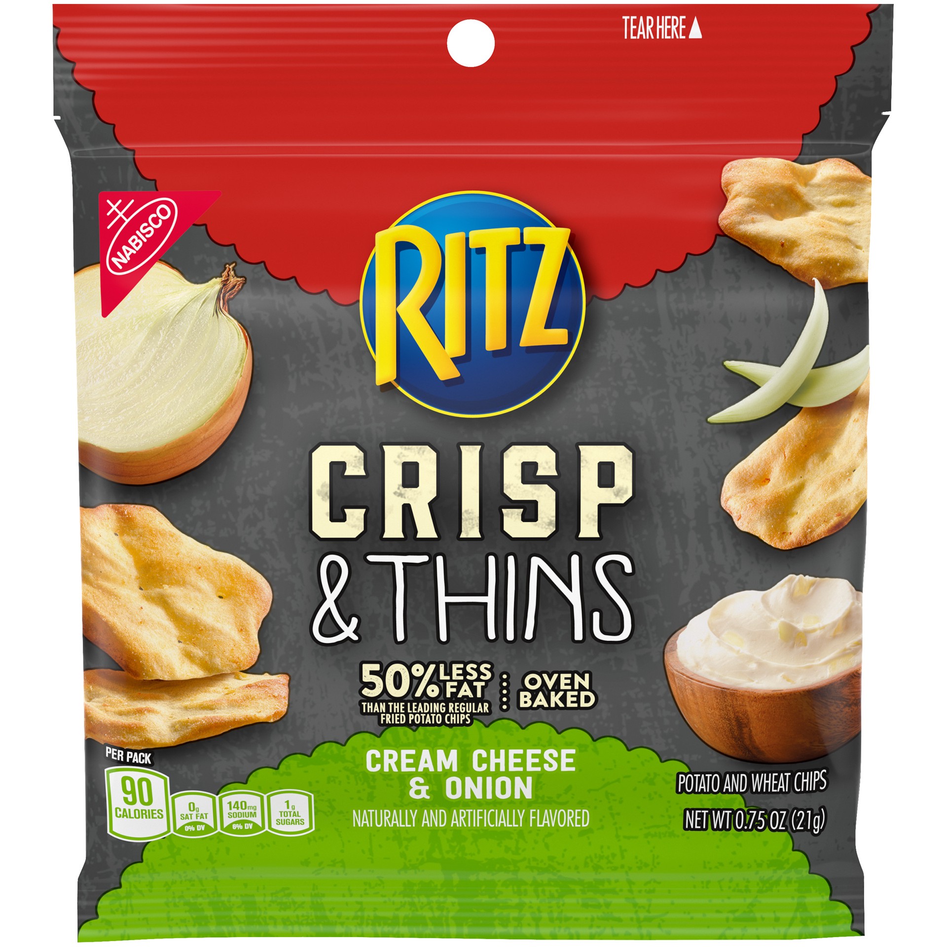 slide 1 of 5, RITZ Crisp & Thins Chips, Cream Cheese & Onion Flavor, 12 Snack Packs (0.75 oz.), 0.05 lb