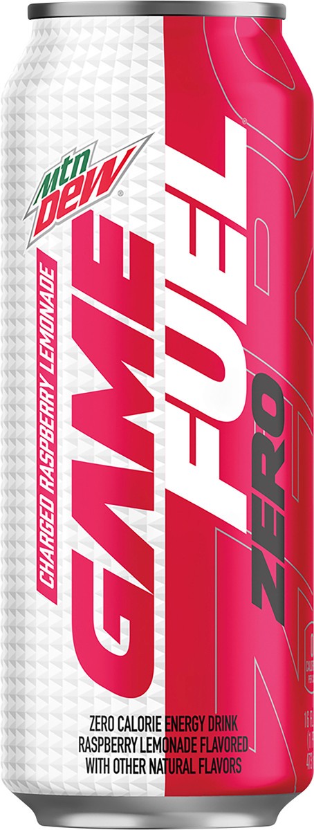 slide 1 of 8, Mountain Dew Game Fuel Zero Calorie Energy Drink Charged Raspberry Lemonade Flavored 16 Fl Oz Can, 16 fl oz