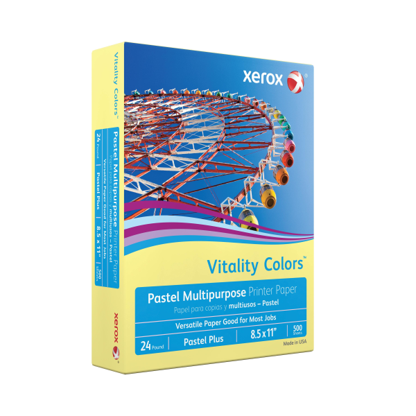 slide 2 of 3, Xerox Vitality Colors Pastel Plus Multi-Use Printer Paper, Letter Size (8 1/2'' X 11''), 30% Recycled, Yellow, Ream Of 500 Sheets, 500 ct