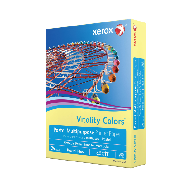 slide 3 of 3, Xerox Vitality Colors Pastel Plus Multi-Use Printer Paper, Letter Size (8 1/2'' X 11''), 30% Recycled, Yellow, Ream Of 500 Sheets, 500 ct
