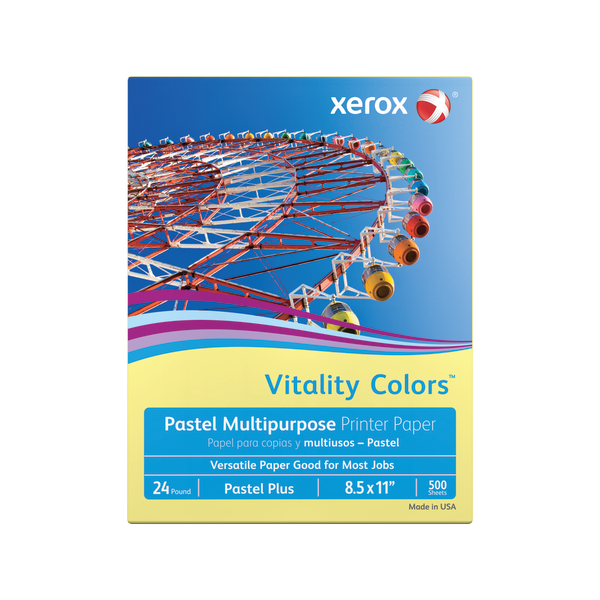 slide 1 of 3, Xerox Vitality Colors Pastel Plus Multi-Use Printer Paper, Letter Size (8 1/2'' X 11''), 30% Recycled, Yellow, Ream Of 500 Sheets, 500 ct