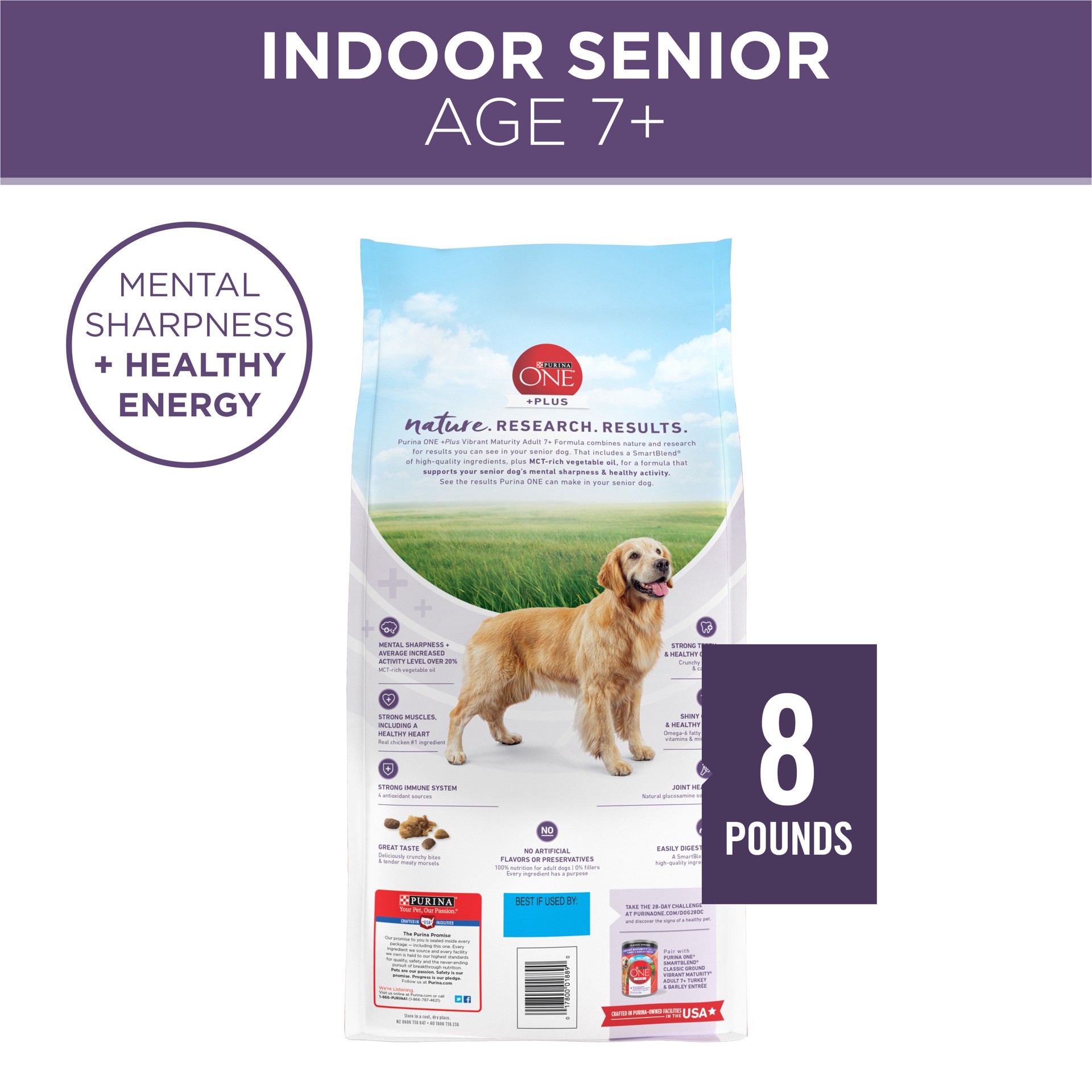 slide 5 of 8, ONE Purina ONE High Protein Dry Senior Dog Food Plus Vibrant Maturity Adult 7 Plus Formula, 8 lb