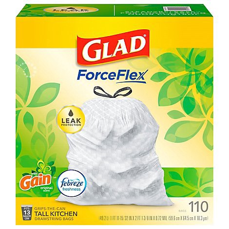 slide 1 of 1, Glad Forceflex Tall Kitchen Drawstring Trash Bags 13 Gallon White Trash Bag Gain Original Scent - 110 CT, 110 ct