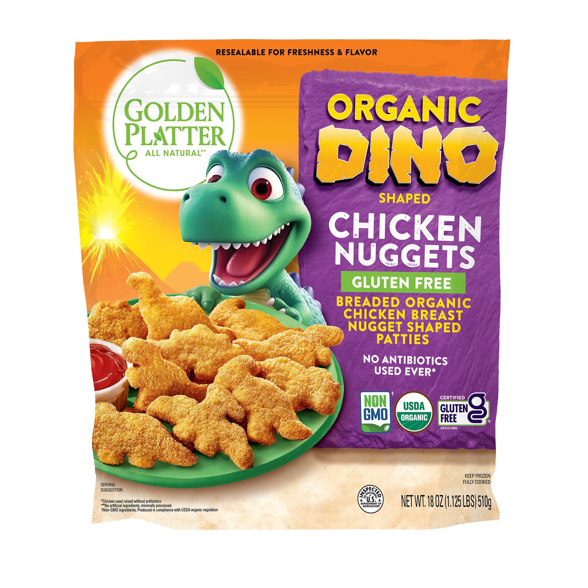 slide 1 of 1, Golden Platter Organic Gluten Free Dino Shaped Chicken Nuggets, 18 oz