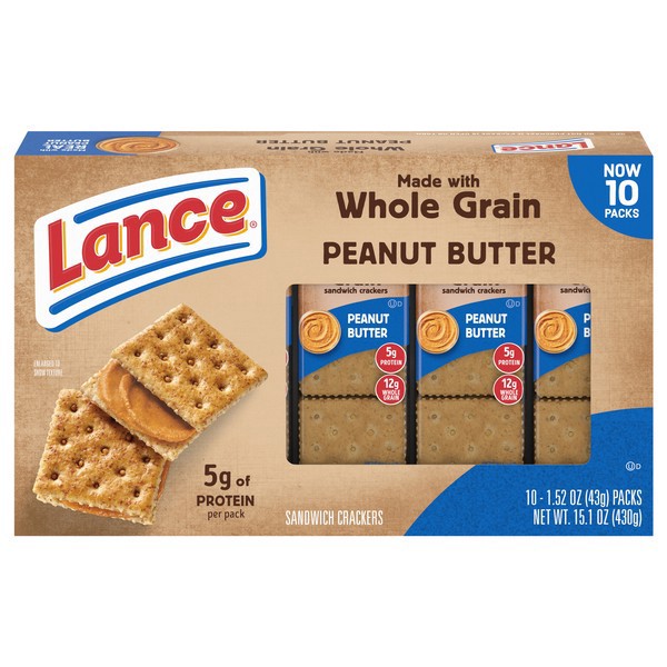 slide 1 of 1, Lance Baked with Whole Grain Peanut Butter Sandwich Crackers, 10 ct; 15.1 oz