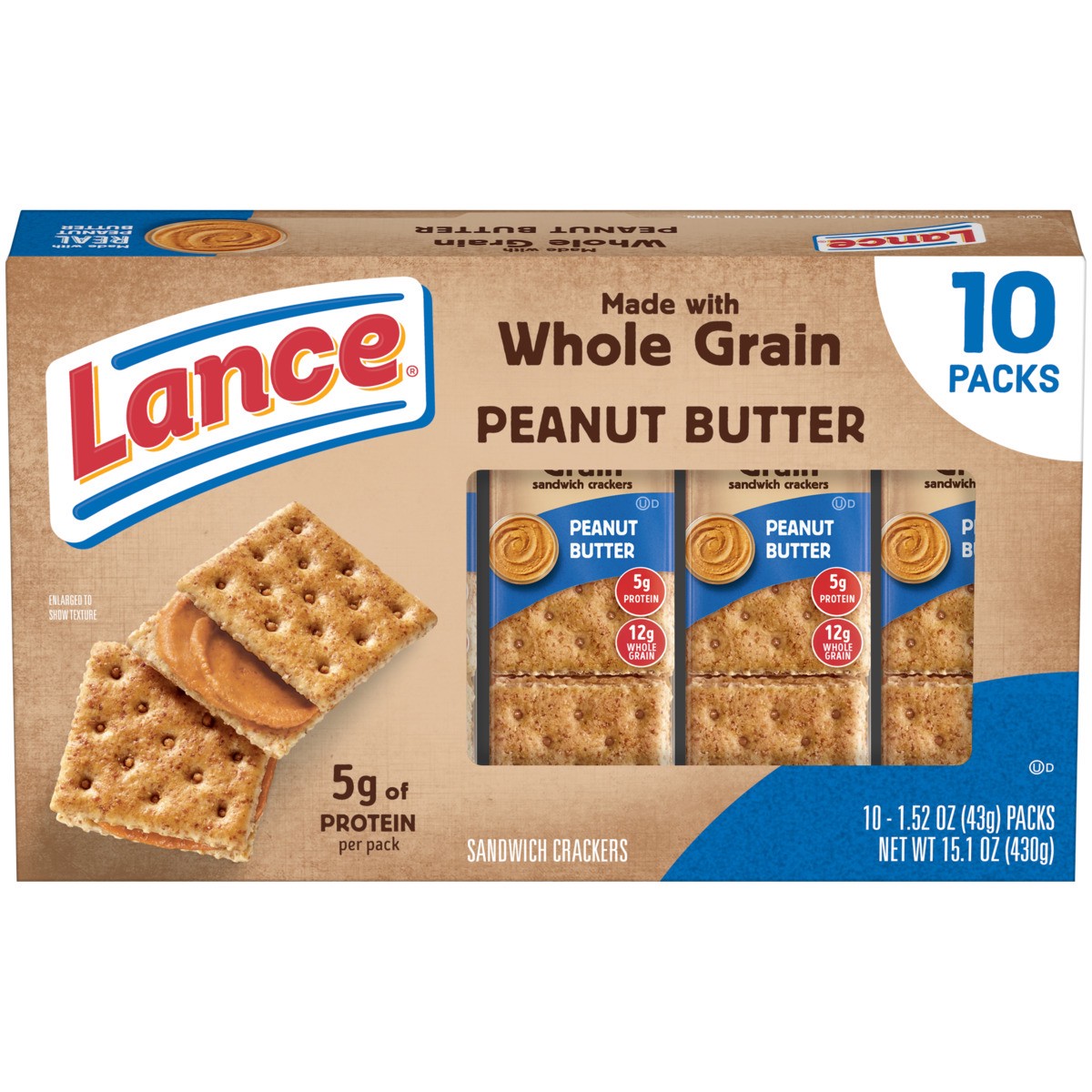slide 1 of 12, Lance Baked with Whole Grain Peanut Butter Sandwich Crackers, 10 Count 1.52 oz, 15.100 oz