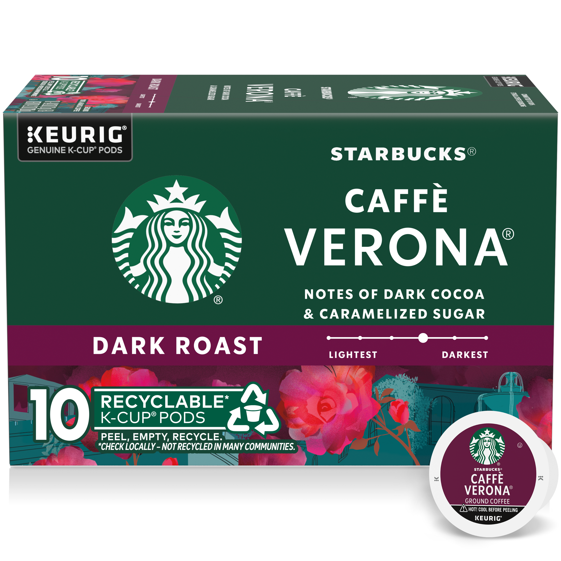 slide 1 of 9, Starbucks K-Cup Coffee Pods, Dark Roast Coffee, Caffè Verona, 100% Arabica, 1 box (10 pods), 10 ct